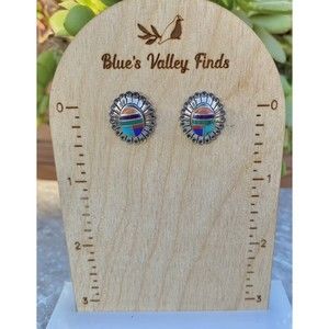 Sterling Silver Southwestern Multi Stone Inlay Marcasite Turquoise Onyx Earrings